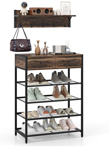 COSTWAY Wandgarderobe mit Schuhregal in Braun