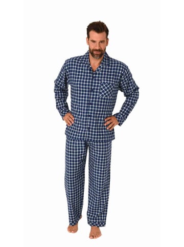 NORMANN Flanell Pyjama langarm Schlafanzug zum durchknöpfen - 70804 in navy