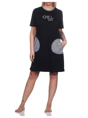 NORMANN kurzarm Nachthemd aufgesetzten Taschen - 79249 in schwarz