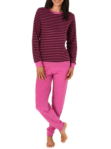 Frottee Pyjama langarm Bündchen Streifen - 50292 in beere