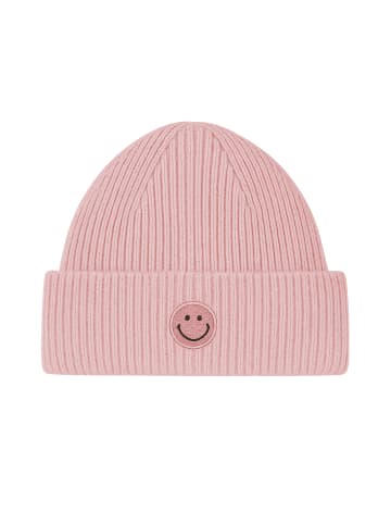 Faera Strickmütze mit Smiley und feinem Rippenstrick in Altrosa
