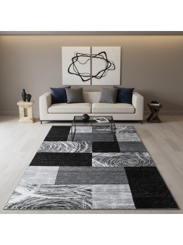 KADIMA DESIGN Teppich Kurzflor Waschbar Abstrakt-Karo DRAU Strapazierfähig in Schwarz