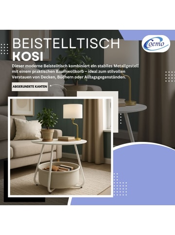 Coemo Beistelltisch Kosi mit Canvas Korb - Metallgestell mit Stoffkorb in Weiß