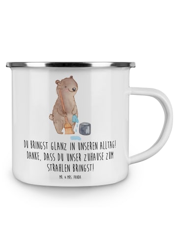Mr. & Mrs. Panda Emaille Tasse Glanz Putzfrau mit Spruch in Weiß