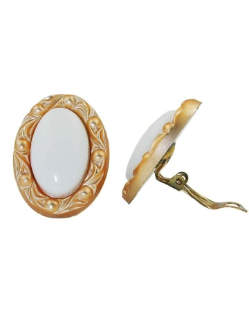 Gallay Clip Ohrring 30x21mm oval weiß mit Rahmen goldfarbig Kunststoff-Bouton in weiß