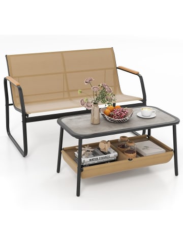 COSTWAY 2-Sitzer Gartenbank mit Couchtisch in Braun