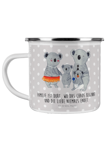 Mr. & Mrs. Panda Camping Emaille Tasse Koala Familie mit Spruch in Grau Pastell