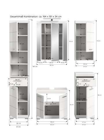 xonox.home Badkombination in weiß/weiß hochglanz - (B) 164 x (H) 191 x (T) 34