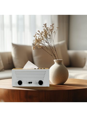 relaxdays Kosmetiktücherbox "Radio" in Weiß/ Natur - (B)24,5 x (H)12 x (T)16 cm