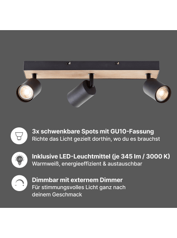 Brilliant Jello Wood LED-Spotbalken – 3-flammig, Schwarz/Holz, dimmbar, warmweiß