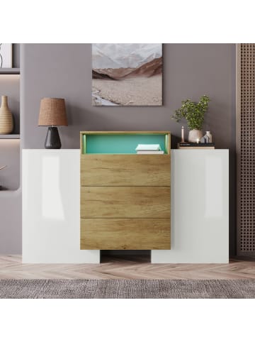 ABRIHOME LED Sideboard in Hochglanzweiß mit RGB Beleuchtung 140x30 cm und Holzoptik