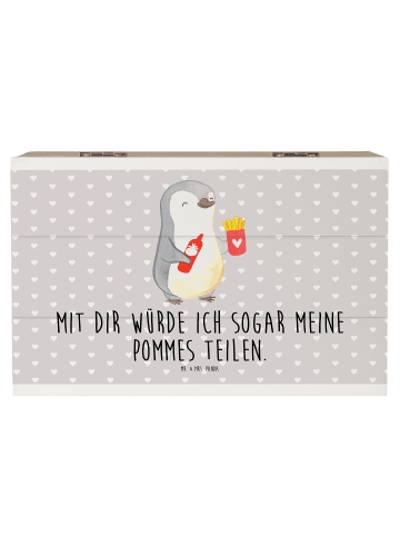Mr. & Mrs. Panda Holzkiste Pinguin Pommes mit Spruch in Grau Pastell