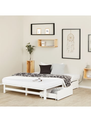 Homestyle4u Palettenbett 140x200 mit Lattenrost und Bettkästen in Weiß