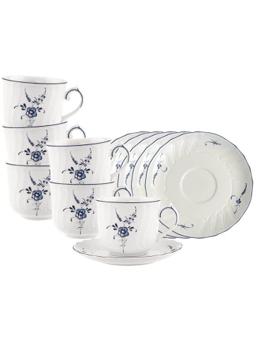 Villeroy & Boch 6er Set Frühstückstassen mit Untertassen Vieux Luxembourg 240 ml in weiß-blau