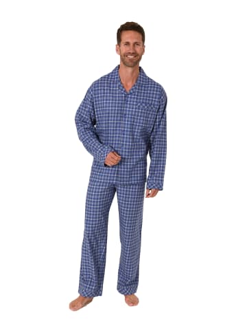 NORMANN Flanell Pyjama Schlafanzug zum durchknöpfen in blau