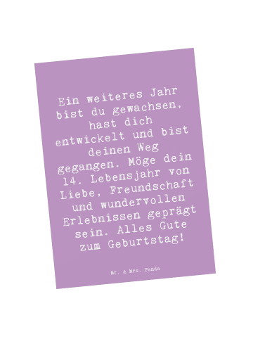 Mr. & Mrs. Panda Postkarte Spruch 14. Geburtstag mit Spruch in Lavendeltraum
