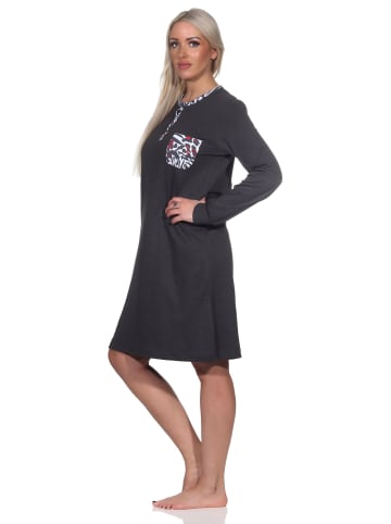 NORMANN Kuschel interlock langarm Nachthemd Bündchen Animalprint - 82171 in anthrazit