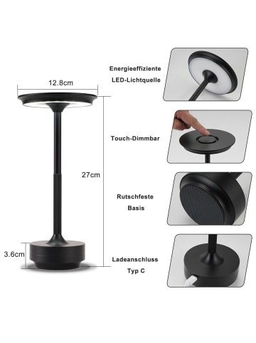 ZMH Tischleuchte LED in schwarz Solarenergie 3600mhA Wiederaufladbar Touch Dimmbar