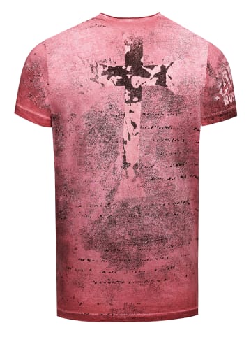 Rusty Neal Vintage Biker T-Shirt mit Skull All Over Print, Oil Wash & Raw Edge in Weinrot