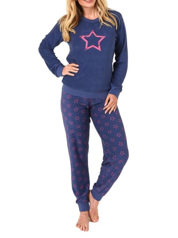 NORMANN Frottee Pyjama langarm Schlafanzug Bündchen und Sterne - 50161 in blau