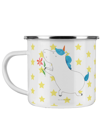 Mr. & Mrs. Panda Camping Emaille Tasse Einhorn Blume ohne Spruch in Weiß