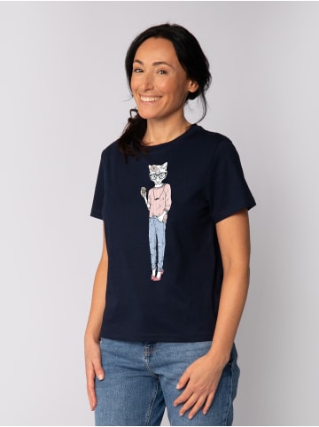 wat? Apparel T-Shirt Hipster Cat with Moustache in Dunkelblau