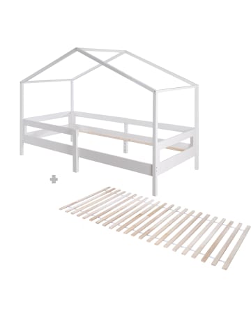 roba Kinder Hausbett, Holz lackiert, mit Lattenrost & Schutz 90 x 200 cm - Weiß