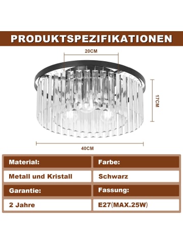 ZMH Deckenleuchte in Schwarz 3-flammige E27 Kristall Modern Wohnzimmerlampe