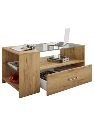 VCM  Holz Sofatisch Couchtisch Schublade Glas Tindala in Honig-Eiche