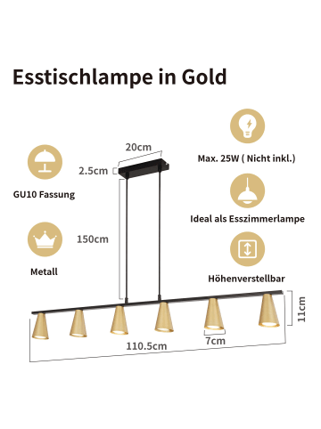 ZMH Pendelleuchte 6-flammige GU10 in gold Kegelform Design Metall Modern Max.25W