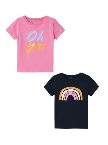 name it T-Shirt 2er-Set Print Design Rundhals bequem in Blau-Rosa