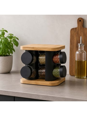 relaxdays Gewürzkarussell "12 Gläser" in Natur/ Schwarz - (B)18,5 x (H)21 x (T)18,5 cm
