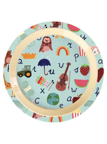 Rice Melaminteller - Bunter ABC Print in blau