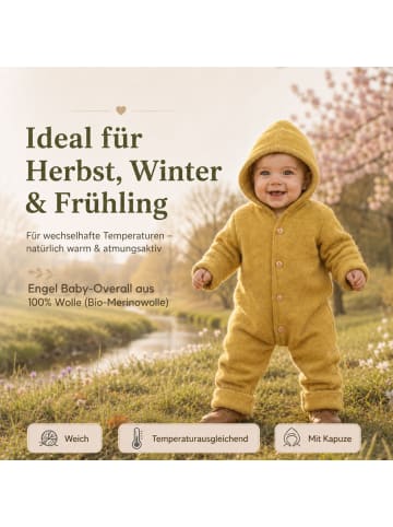 Kinderhaus Blaubär Baby-Overall mit Kapuze, Holzknöpfen & Mulltuch Blaubaer in Safran Melange