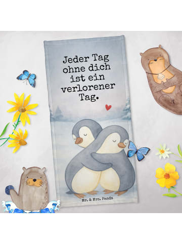 Mr. & Mrs. Panda Badehandtuch Pinguine Kuscheln Design mit Spruch in Grau Pastell