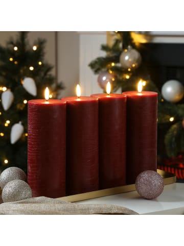 Uyuni 4er Set LED Kerzen PIA Rustik-Optik H: 20cm mit Batterien und Fernb in dunkelrot