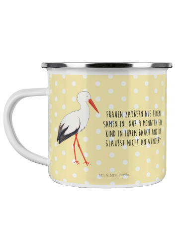 Mr. & Mrs. Panda Camping Emaille Tasse Storch mit Spruch in Gelb Pastell