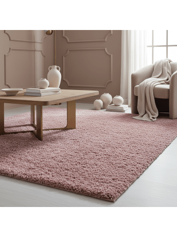 KADIMA DESIGN Teppich Hochflor Shaggy Waschbar Einfarbig SPREE Strapazierfähig in Rosa