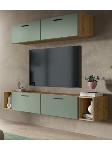 Inn.Furn Wohnwand in grün und Artisan Eiche 202 cm, Wohnkombination mit Soft-Close