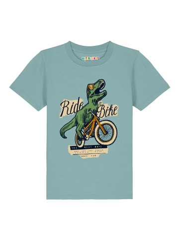 wat? Apparel T-Shirt T-Rex Fahrrad in Teal Monstera