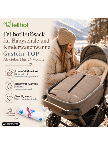 Kinderhaus Blaubär Fellsack für Kinderwagen & Babyschalen Gastein Canvas TOP in Grau-Beige