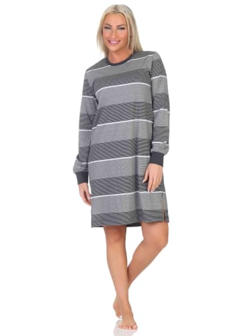 NORMANN Frottee Nachthemd langarm Bündchen Streifenoptik - 87628 in grau-mel.
