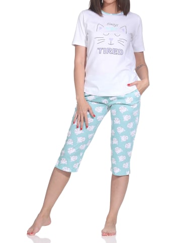 NORMANN Kurzarm Capri Schlafanzug Pyjama Herz Katzenmotiv in türkis