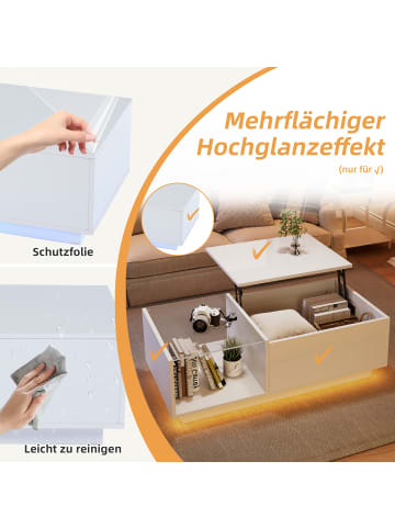 ABRIHOME LED Couchtisch mit Verstecktem Stauraum in Weiß - (B)100 x (H)33 x (T)50 cm
