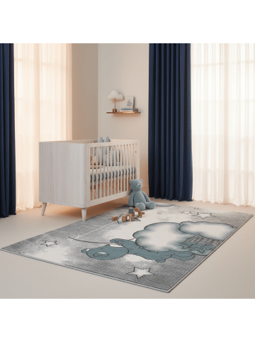 KADIMA DESIGN Kinderteppich Waschbar Bär TASNA Strapazierfähig OEKO-TEX Kinderzimmer in Blau