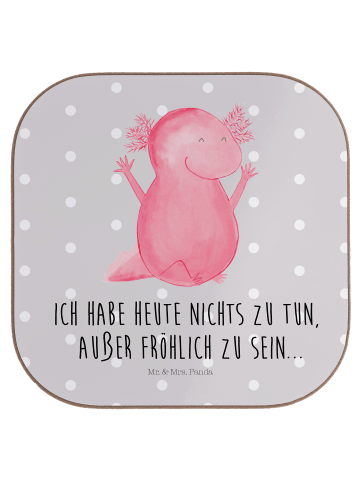 Mr. & Mrs. Panda Holzuntersetzer Axolotl Hurra mit Spruch in Grau Pastell