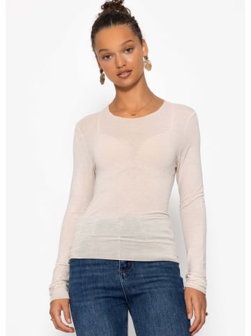 SASSYCLASSY Gestreiftes, leicht transparentes Langarmshirt mit Kaschmiranteil in Beige
