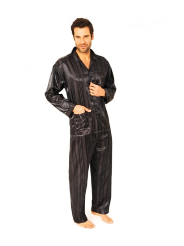 NORMANN Satin Pyjama lang durchgeknöpft Schattenstreifen - 10013 in anthrazit