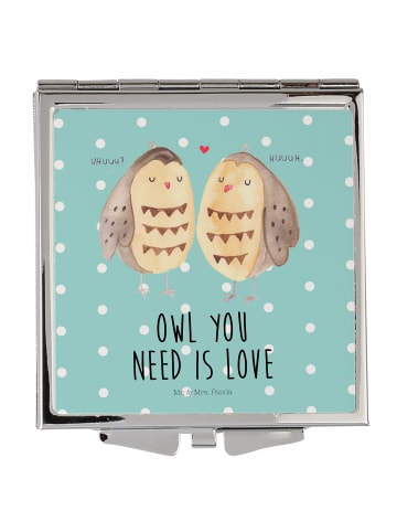 Mr. & Mrs. Panda Schminkspiegel Eulen Liebe mit Spruch in Türkis Pastell