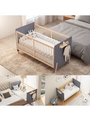 ABRIHOME Babybett in Blaugrau Natur 140x70x86 cm höhenverstellbar aus Massivholz